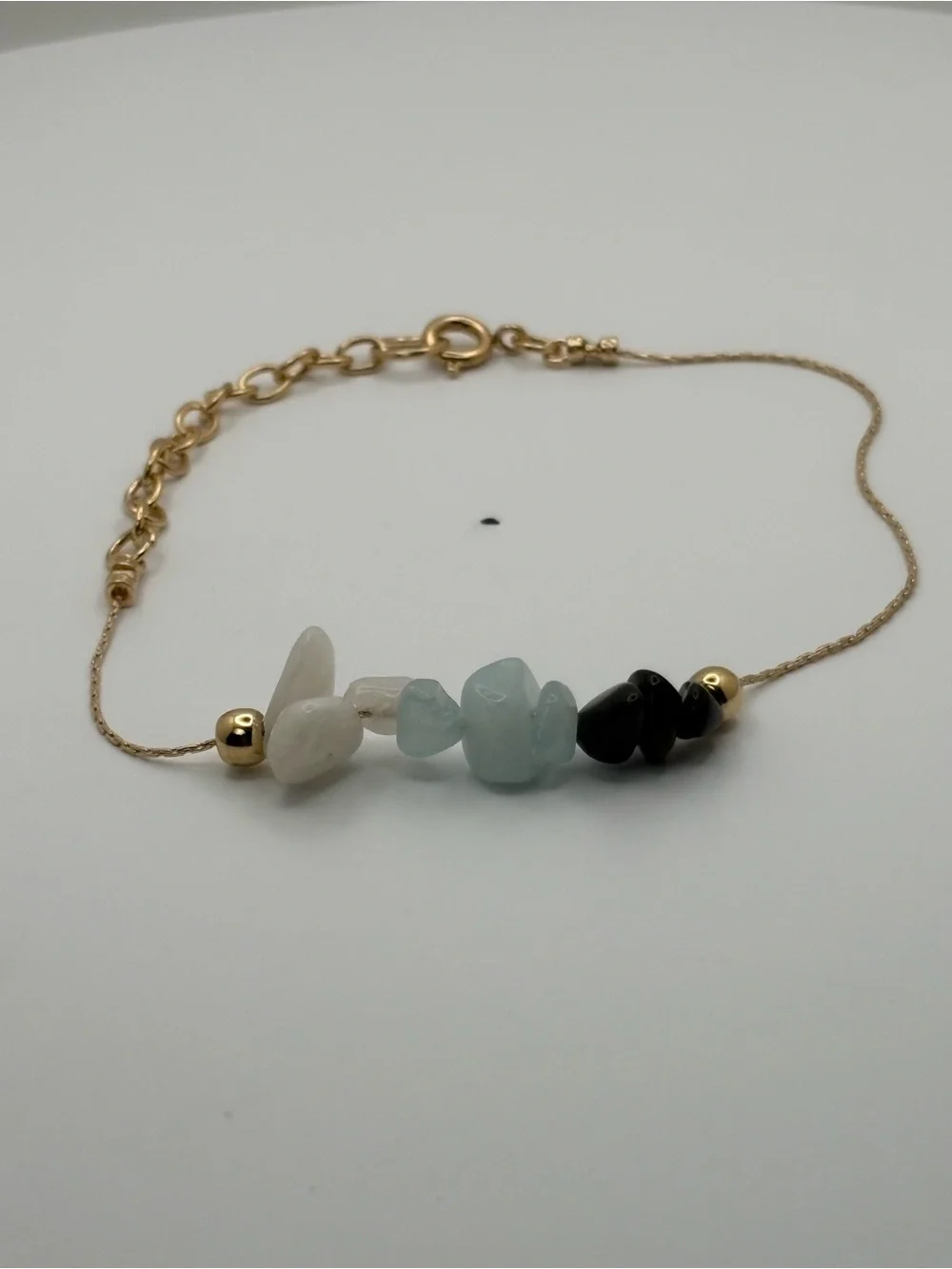 Delicate Gold Chain Bracelet with White, Light Blue & Black Gemstone Chips